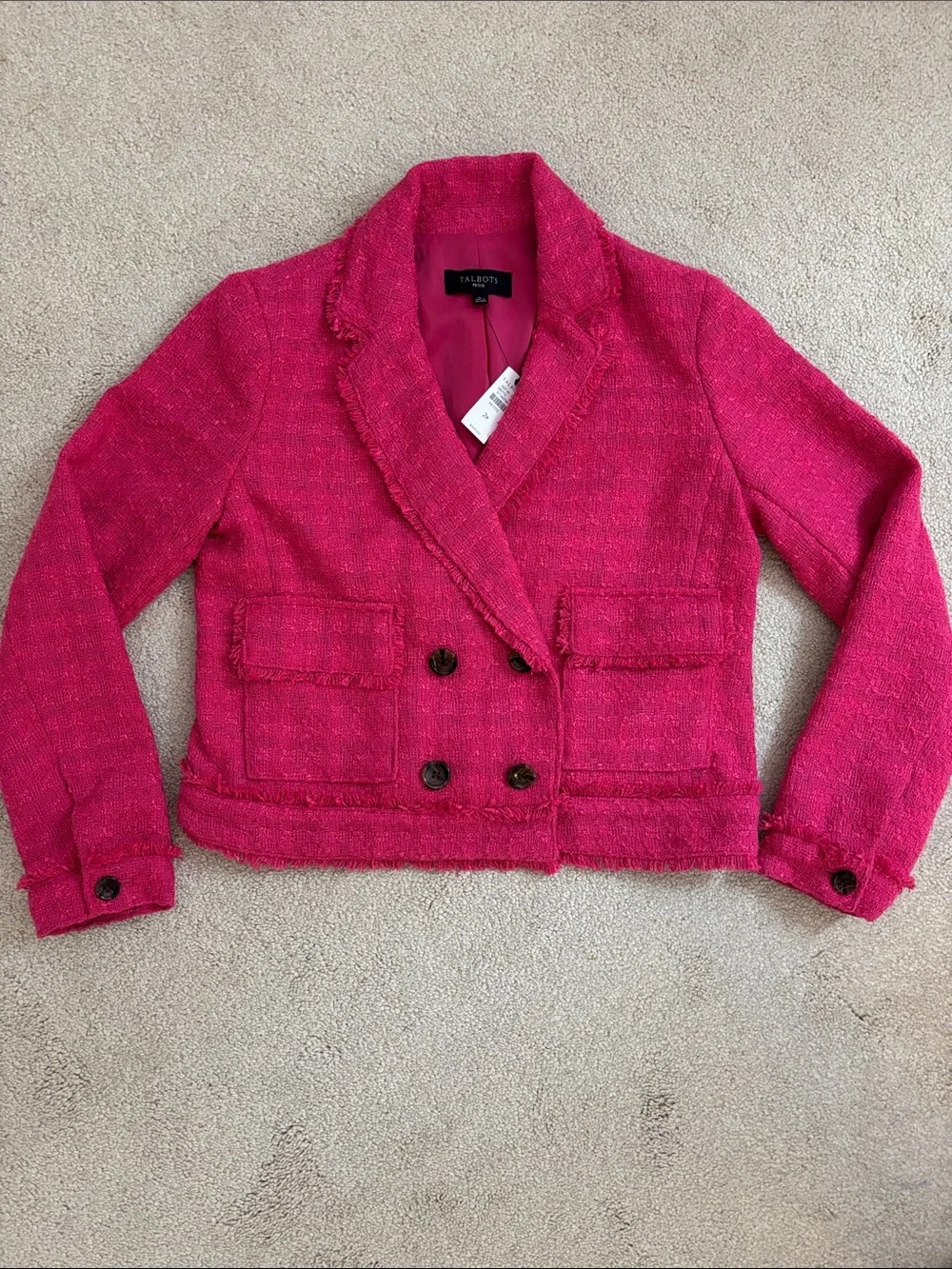 Talbots Hot Pink Bouclé Double-Breasted Cropped Blazer- size 2p NWT